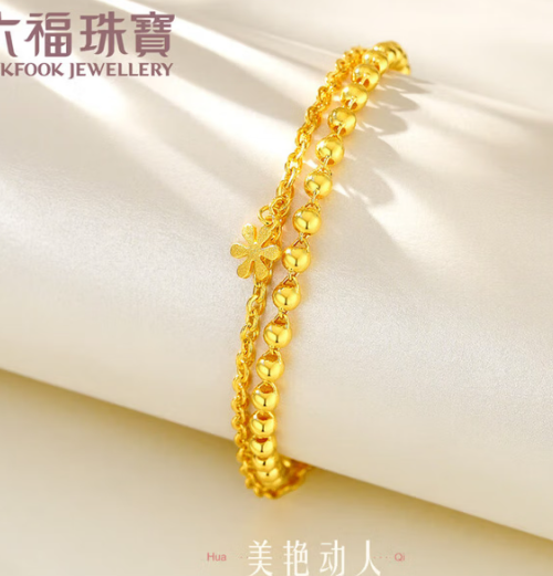 六福珠宝 足金花期黄金手链百搭双层链金珠手饰计价