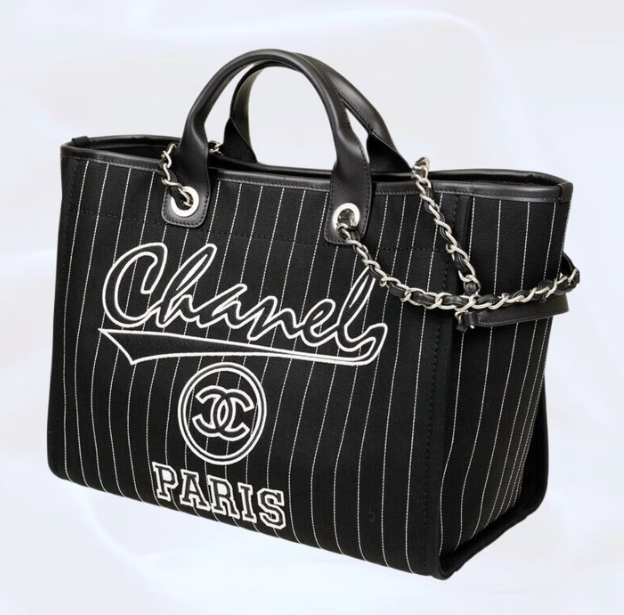 香奈儿（Chanel）女包新款品牌印花竖条时尚棉质拼小牛皮托特包 购物袋单肩手提包