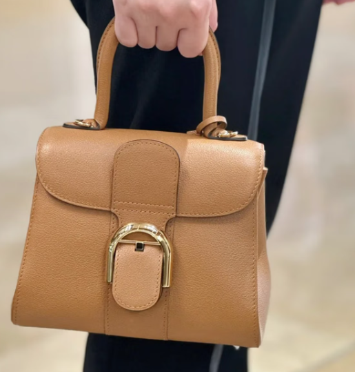 Delvaux德尔沃 Brillant 荔枝纹牛皮金扣单肩手提包女包 棕色