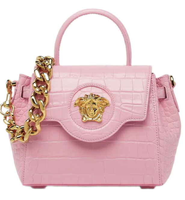 范思哲（VERSACE）单肩包女包新款斜挎包手提包鳄鱼皮盒子包链条包翻盖包精致优雅 粉色