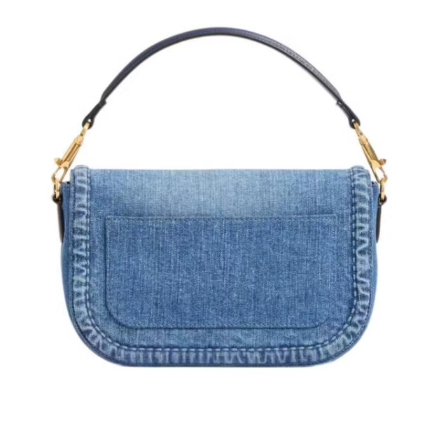 华伦天奴（Valentino）女士单肩包顶部手柄品牌标志装饰便携收纳日常携带牛仔布